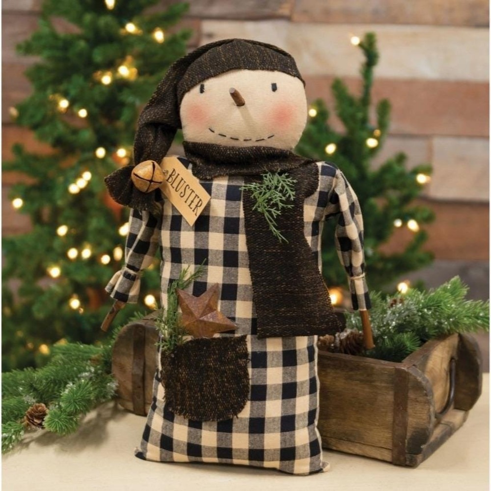 Primitive Christmas Bluster the‎ Snowman Doll 16" tall Black Plaid Homespun NEW